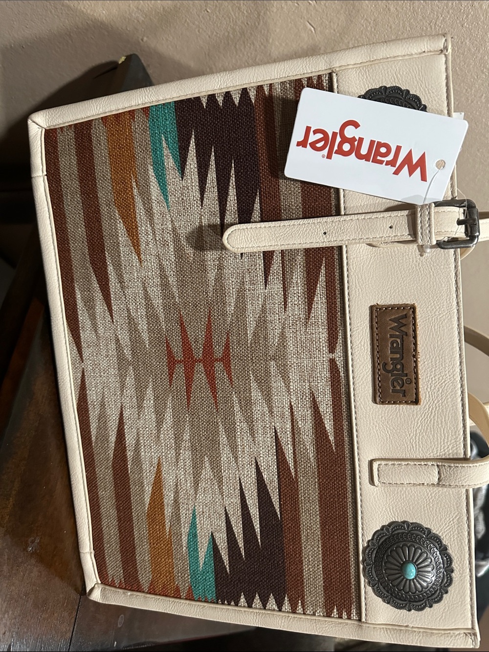 Wrangler Cream Tote with Multicolor Southwestern Pattern